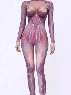 Combinaison moulante à manches longues zippée et col montant imprimée vitrail arc-en-ciel avec UV fluorescent style Zentai idéale pour les festivals et raves.
