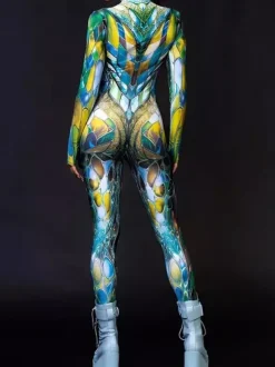Combinaison moulante à manches longues zippée et col montant imprimée vitrail arc-en-ciel avec UV fluorescent style Zentai idéale pour les festivals et raves.