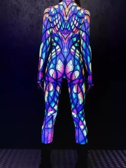 Combinaison moulante à manches longues zippée et col montant imprimée vitrail arc-en-ciel avec UV fluorescent style Zentai idéale pour les festivals et raves.