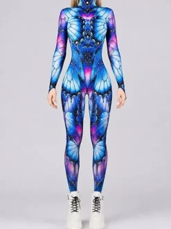 Combinaison moulante à manches longues zippée et col montant imprimée vitrail arc-en-ciel avec UV fluorescent style Zentai idéale pour les festivals et raves.