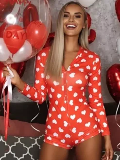 Combinaison pyjama imprimée lèvres pour femme - Combinaison moulante sexy à manches longues et col en V boutonnée sur le devant - Saint-Valentin 2026