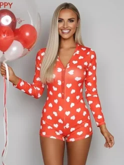 Combinaison pyjama imprimée lèvres pour femme - Combinaison moulante sexy à manches longues et col en V boutonnée sur le devant - Saint-Valentin 2026