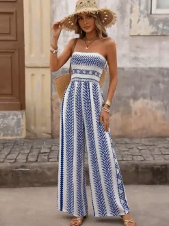Combinaison rayée sans bretelles à jambes larges et smocks pour femme style bohème tenue de plage