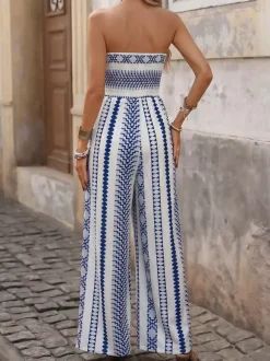 Combinaison rayée sans bretelles à jambes larges et smocks pour femme style bohème tenue de plage