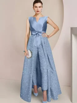 Combinaison-robe 3 pièces pour la mère de la mariée col rond manches 3/4 coupe trapèze n艙uds robe d'invitée de mariage