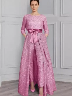 Combinaison-robe 3 pièces pour la mère de la mariée col rond manches 3/4 coupe trapèze n艙uds robe d'invitée de mariage