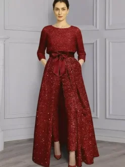 Combinaison-robe 3 pièces pour la mère de la mariée col rond manches 3/4 coupe trapèze n艙uds robe d'invitée de mariage