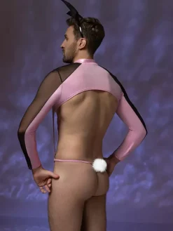 Combinaison rose de lapin pour homme en maille effet mouillé avec oreilles queue et n艙ud papillon idéale pour Halloween et les soirées en boîte de nuit.