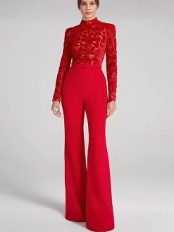 Combinaison rouge avec haut en dentelle col haut manches longues jambe évasée tenue de soirée semi-formelle pour femmes 2026
