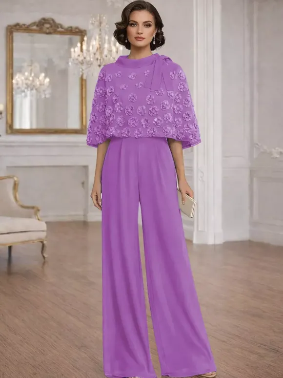 Combinaisons deux pièces pour la mère de la mariée col rond manches courtes n艙uds robes d'invitée de mariage