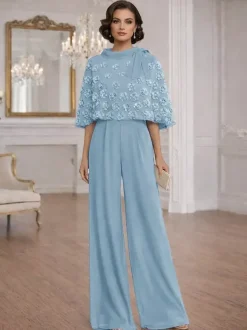 Combinaisons deux pièces pour la mère de la mariée col rond manches courtes n艙uds robes d'invitée de mariage