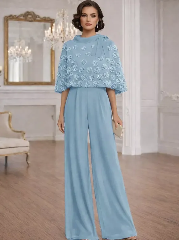 Combinaisons deux pièces pour la mère de la mariée col rond manches courtes n艙uds robes d'invitée de mariage