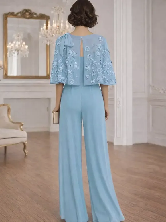 Combinaisons deux pièces pour la mère de la mariée col rond manches courtes n艙uds robes d'invitée de mariage