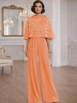 Combinaisons deux pièces pour la mère de la mariée col rond manches courtes n艙uds robes d'invitée de mariage