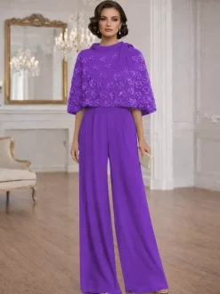 Combinaisons deux pièces pour la mère de la mariée col rond manches courtes n艙uds robes d'invitée de mariage