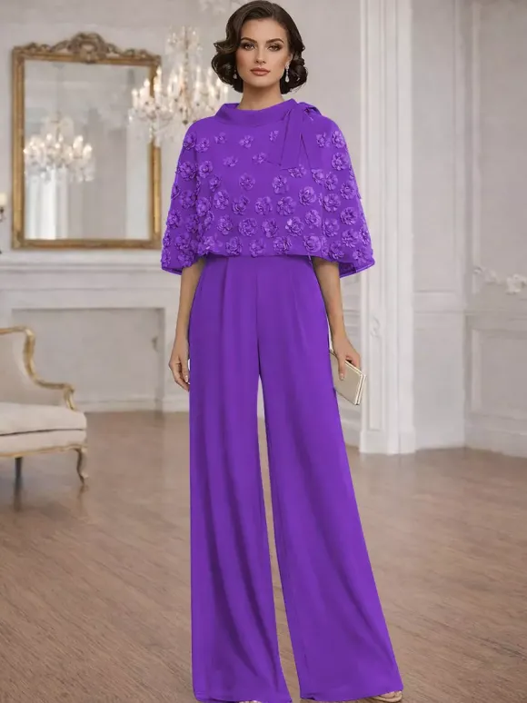Combinaisons deux pièces pour la mère de la mariée col rond manches courtes n艙uds robes d'invitée de mariage