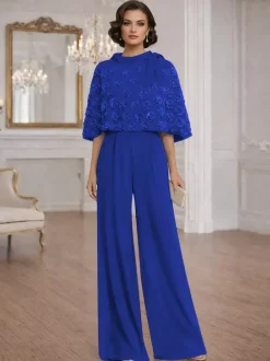 Combinaisons deux pièces pour la mère de la mariée col rond manches courtes n艙uds robes d'invitée de mariage