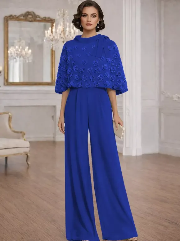 Combinaisons deux pièces pour la mère de la mariée col rond manches courtes n艙uds robes d'invitée de mariage