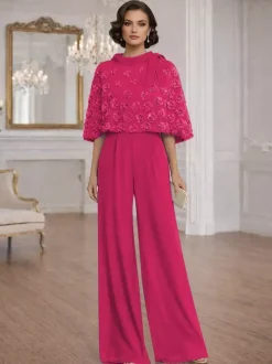 Combinaisons deux pièces pour la mère de la mariée col rond manches courtes n艙uds robes d'invitée de mariage