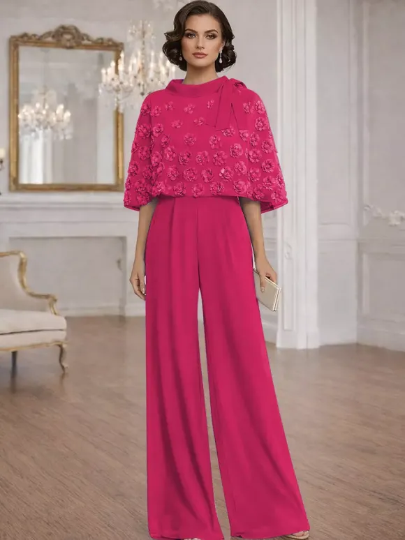 Combinaisons deux pièces pour la mère de la mariée col rond manches courtes n艙uds robes d'invitée de mariage