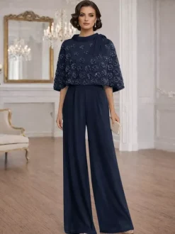 Combinaisons deux pièces pour la mère de la mariée col rond manches courtes n艙uds robes d'invitée de mariage