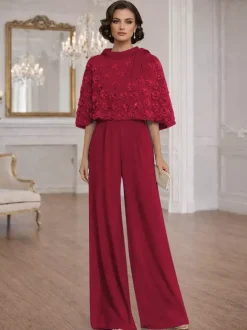 Combinaisons deux pièces pour la mère de la mariée col rond manches courtes n艙uds robes d'invitée de mariage