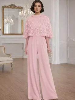Combinaisons deux pièces pour la mère de la mariée col rond manches courtes n艙uds robes d'invitée de mariage