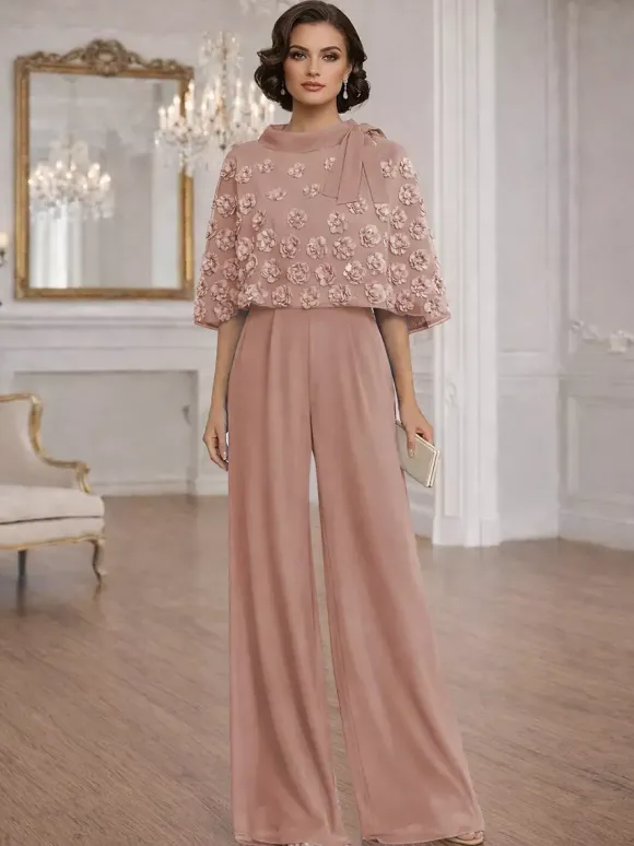 Combinaisons deux pièces pour la mère de la mariée col rond manches courtes n艙uds robes d'invitée de mariage