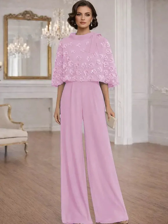 Combinaisons deux pièces pour la mère de la mariée col rond manches courtes n艙uds robes d'invitée de mariage