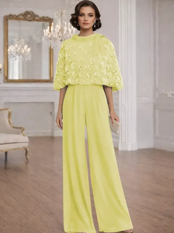 Combinaisons deux pièces pour la mère de la mariée col rond manches courtes n艙uds robes d'invitée de mariage