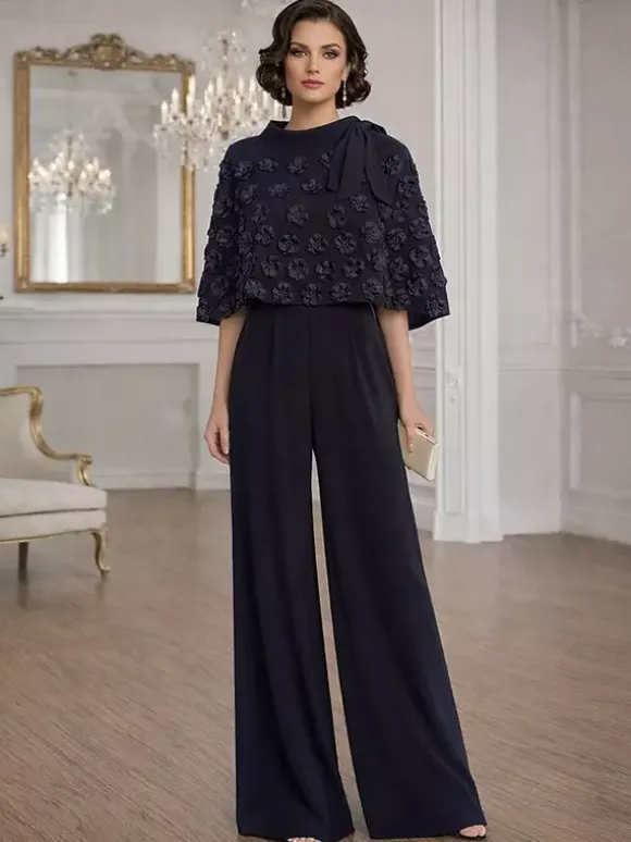 Combinaisons deux pièces pour la mère de la mariée col rond manches courtes n艙uds robes d'invitée de mariage