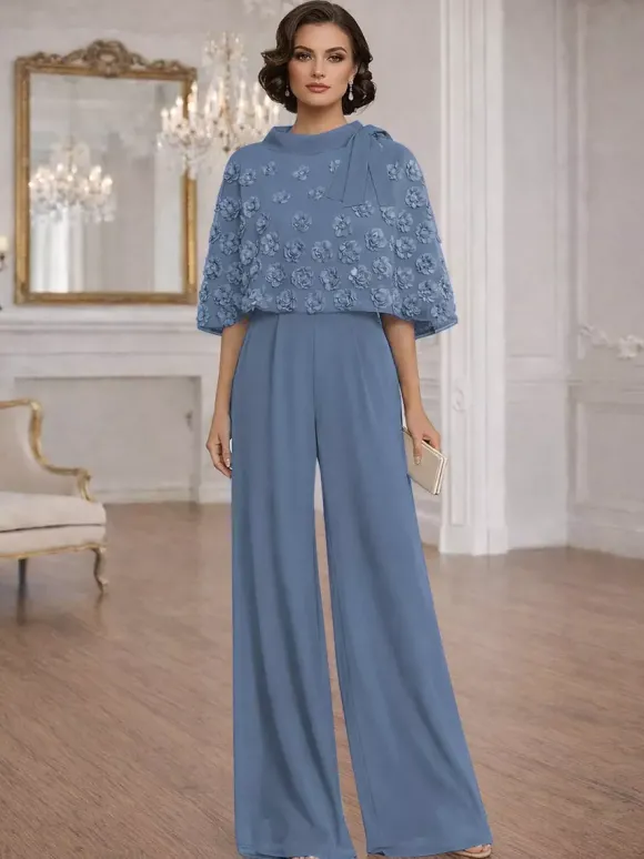 Combinaisons deux pièces pour la mère de la mariée col rond manches courtes n艙uds robes d'invitée de mariage