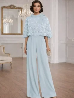 Combinaisons deux pièces pour la mère de la mariée col rond manches courtes n艙uds robes d'invitée de mariage