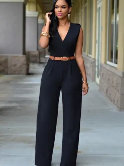 Combinaisons Longs Moulants Femmes avec Epaulés sans Manches à Col Décolleté en V Coupe Cintrée avec Ceinture Bas Evasée Unicolore Sexy
