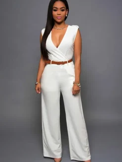 Combinaisons Longs Moulants Femmes avec Epaulés sans Manches à Col Décolleté en V Coupe Cintrée avec Ceinture Bas Evasée Unicolore Sexy