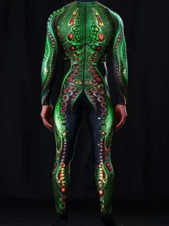 Combinaisons zentai motifs Halloween Combinaison sexy à imprimé serpent vert pour homme tenue de scène pour danseur et chanteur