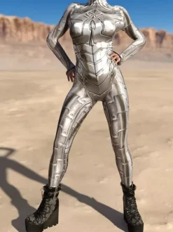 Combinaison sexy pour femme style cyberpunk imprimé robot à illusion d'optique costume zentai métallisé