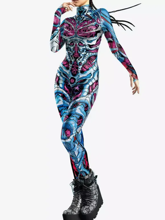 Combinaisons zentai motifs Halloween Combinaison pour femme couleur bleu musclé Halloween taille haute costume de cosplay costume sexy