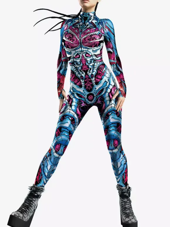 Combinaisons zentai motifs Halloween Combinaison pour femme couleur bleu musclé Halloween taille haute costume de cosplay costume sexy