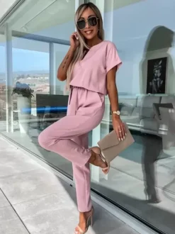 Combinaison Tenue Une Pièce D'Été Droite En Polyester À Manches Courtes Rose