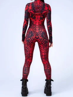 Combinaison zentai à motifs combinaison moulante à texture marbrée rouge et noire pour femme motif veineux imprimé en 3D