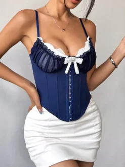 Corset bleu sexy à bretelles dos nu coupe ajustée laçage