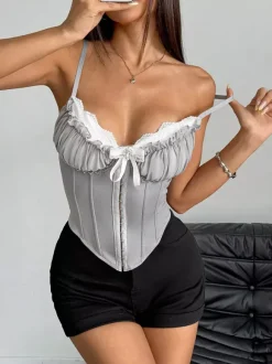 Corset bleu sexy à bretelles dos nu coupe ajustée laçage