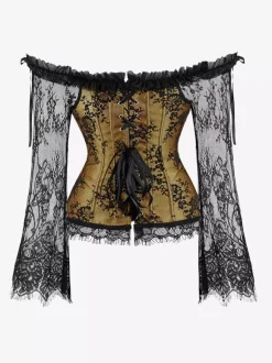 Corset bustier à manches longues en dentelle florale à épaules dénudées grande taille fermeture à agrafes au dos. Gaine amincissante.