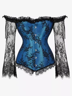 Corset bustier à manches longues en dentelle florale à épaules dénudées grande taille fermeture à agrafes au dos. Gaine amincissante.
