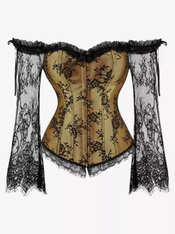 Corset bustier à manches longues en dentelle florale à épaules dénudées grande taille fermeture à agrafes au dos. Gaine amincissante.