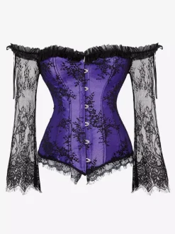 Corset bustier à manches longues en dentelle florale à épaules dénudées grande taille fermeture à agrafes au dos. Gaine amincissante.