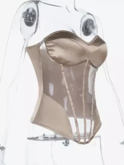 Corset en résille transparente pour femme - Bustier sexy avec fermeture éclair apparente au dos - Tenues de soirée glamour vintage et esthétiques pour les clubs (collection 2026)