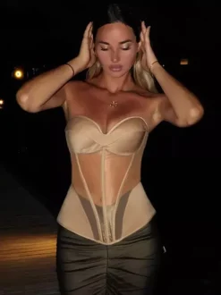 Corset en résille transparente pour femme - Bustier sexy avec fermeture éclair apparente au dos - Tenues de soirée glamour vintage et esthétiques pour les clubs (collection 2026)