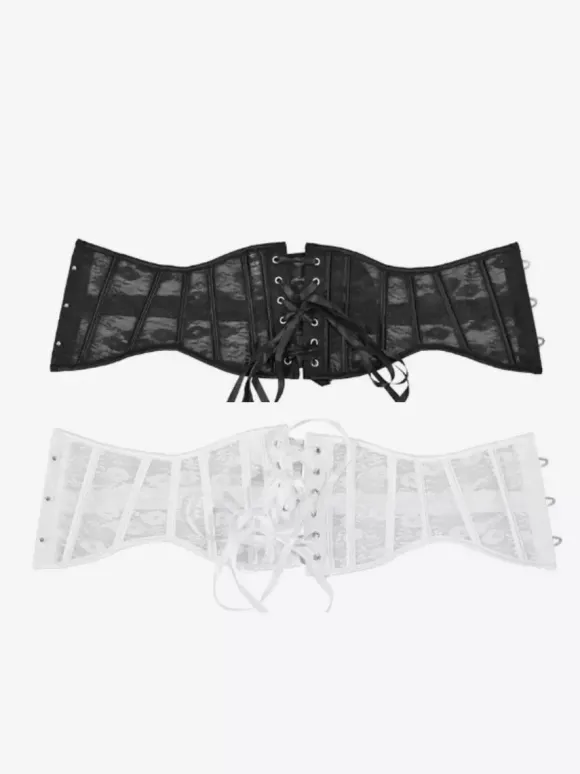 Corset gainant court en dentelle florale transparente fermeture à agrafes au dos et laçage.